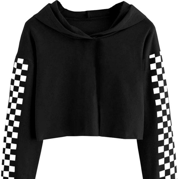 New Girls Checkered Black and White Crop Pullover Sweatshirt - Picture 1 of 3